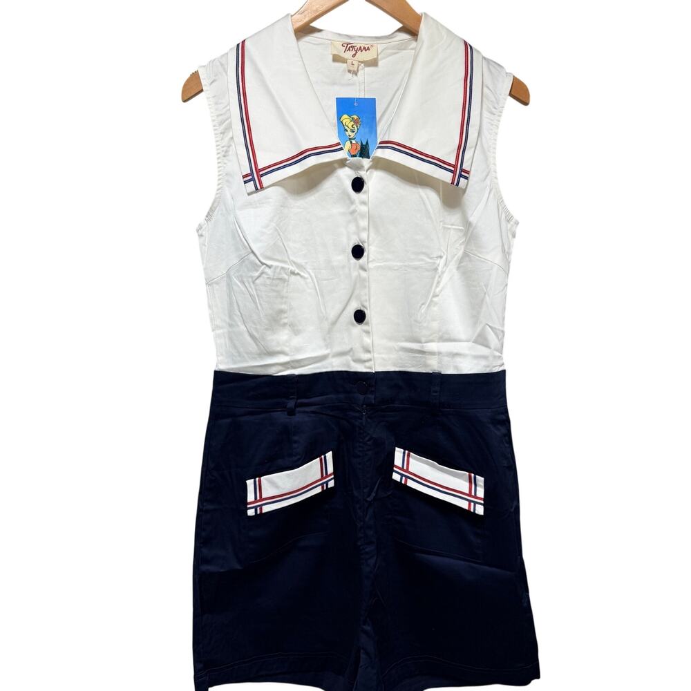 Tatyana Bimmy Nautical Romper Sailor Collar Navy White Vtg 1950s Pinup Sz Lg